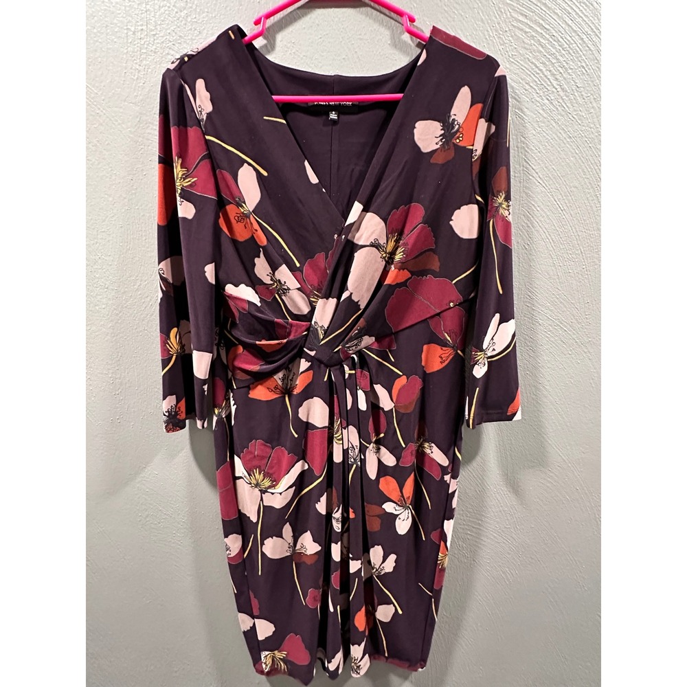 Jones New York Women Plum Purple Floral Twist Waist V-Neck Sheath Dress Size 8
